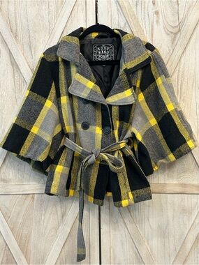 last kiss Yellow, Gray & Black Plaid Belted Cape Coat